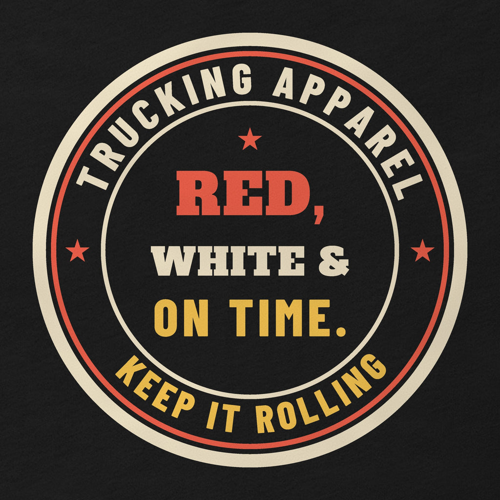 Red, White & On Time Tee in black, close-up of the round RED, WHITE & ON TIME seal ringed by TRUCKING APPAREL and KEEP IT ROLLING.