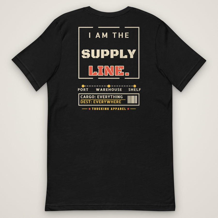 I Am the Supply Line Tee in black, back view laid flat showing the large I AM THE SUPPLY LINE. stencil back print with a Port, Warehouse, Shelf route line, a CARGO: EVERYTHING / DEST: EVERYWHERE label and the Trucking Apparel signature.
