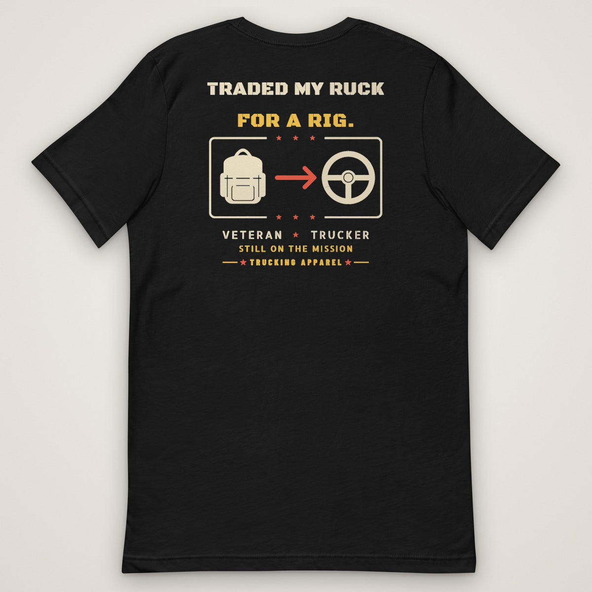Traded My Ruck for a Rig Tee in black, back view laid flat showing the TRADED MY RUCK FOR A RIG back print: a rucksack, an arrow and a steering wheel.