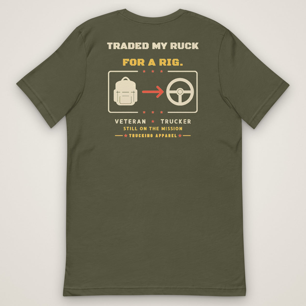 Traded My Ruck for a Rig Tee in military green, back view laid flat showing the TRADED MY RUCK FOR A RIG back print: a rucksack, an arrow and a steering wheel.