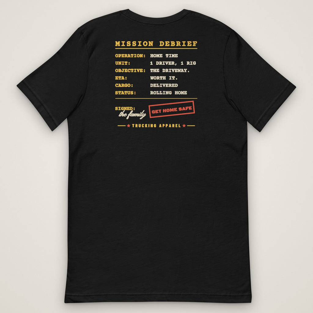Operation: Home Time Tee in black, back view laid flat showing the OPERATION: HOME TIME mission debrief back print with a GET HOME SAFE stamp.