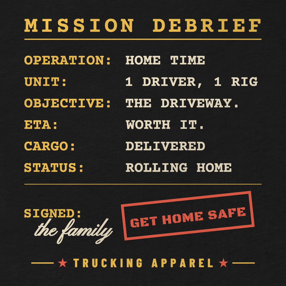 Operation: Home Time Tee in black, close-up of the OPERATION: HOME TIME mission debrief back print.