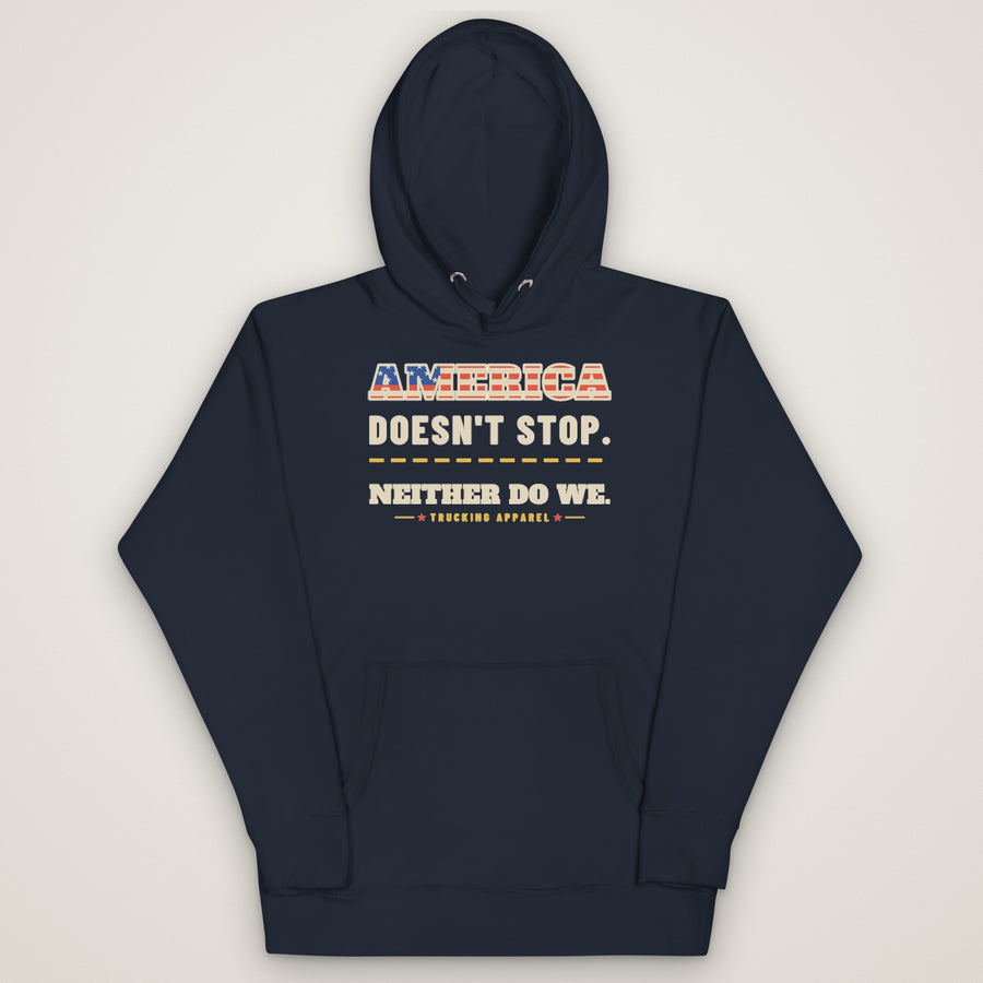 America Doesn't Stop Hoodie in navy blazer, front view laid flat showing the AMERICA DOESN'T STOP. NEITHER DO WE. front print with stars-and-stripes lettering.