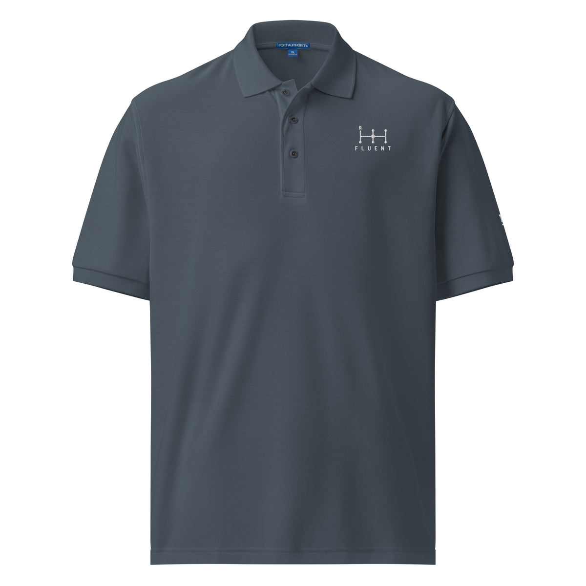 Fluent Polo in steel grey, front view.