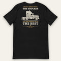 If You Mess With the Trucker Tee in black, back view: vintage long-nose sleeper semi and lettering in cream and gold