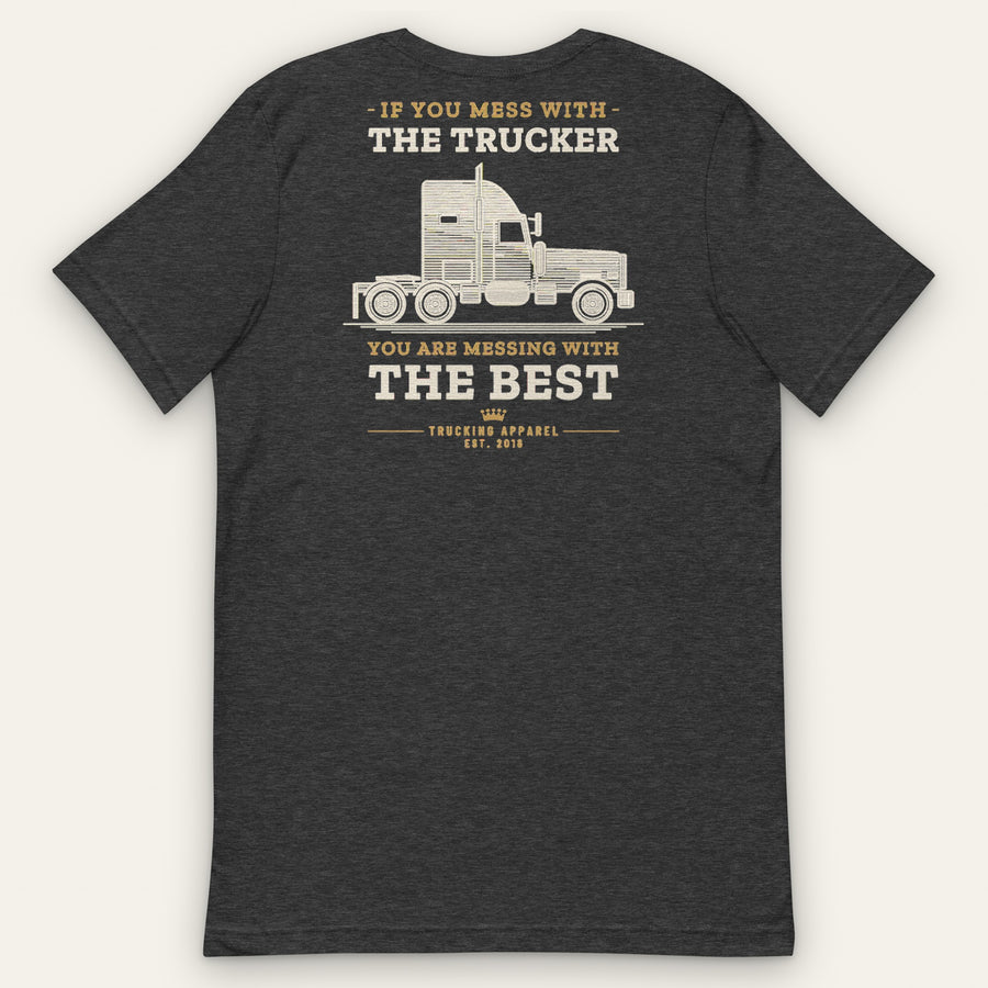 If You Mess With the Trucker Tee in dark grey heather, back view: vintage long-nose sleeper semi in cream and gold