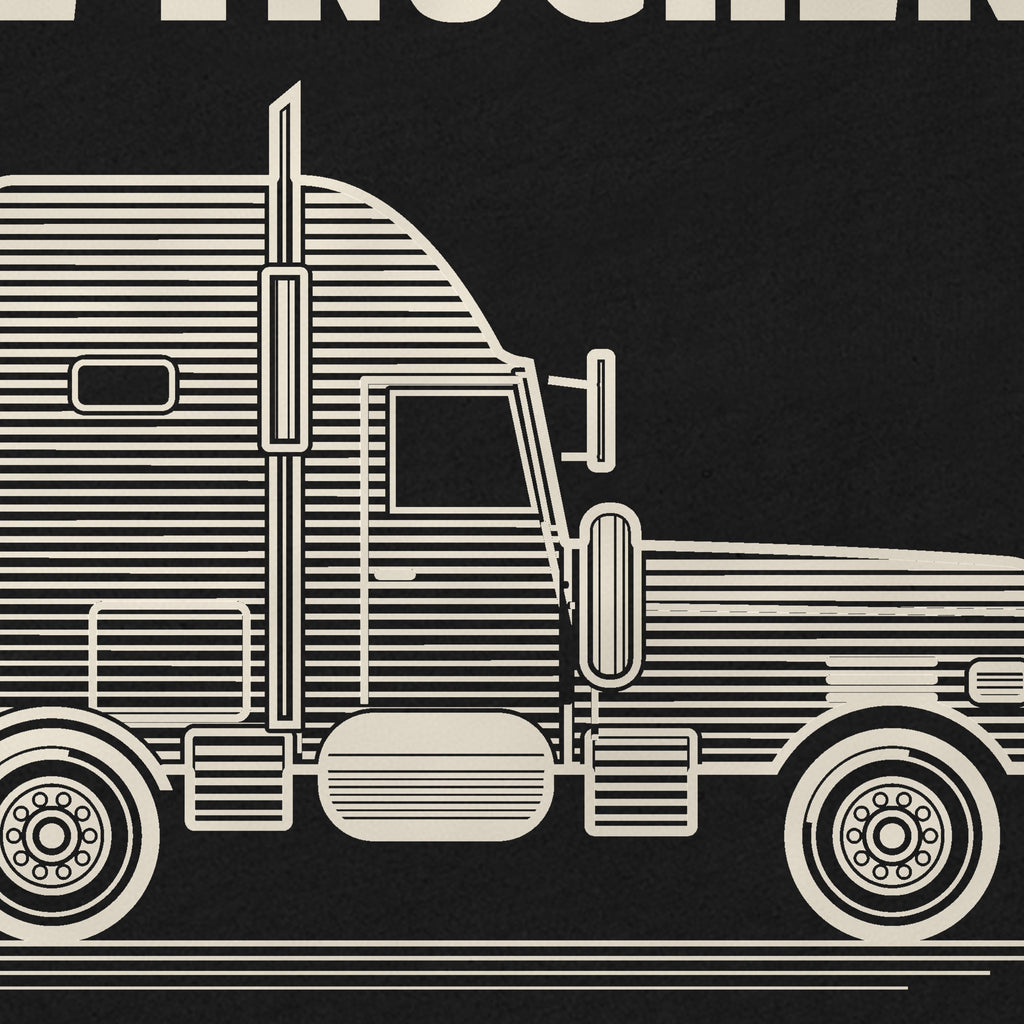 Close-up of the back print on the black If You Mess With the Trucker Tee: line-art long-nose sleeper semi at full print resolution.