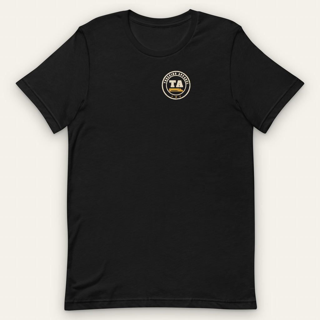 If You Mess With the Trucker Tee in black, front view, with the round TA Trucking Apparel chest badge.