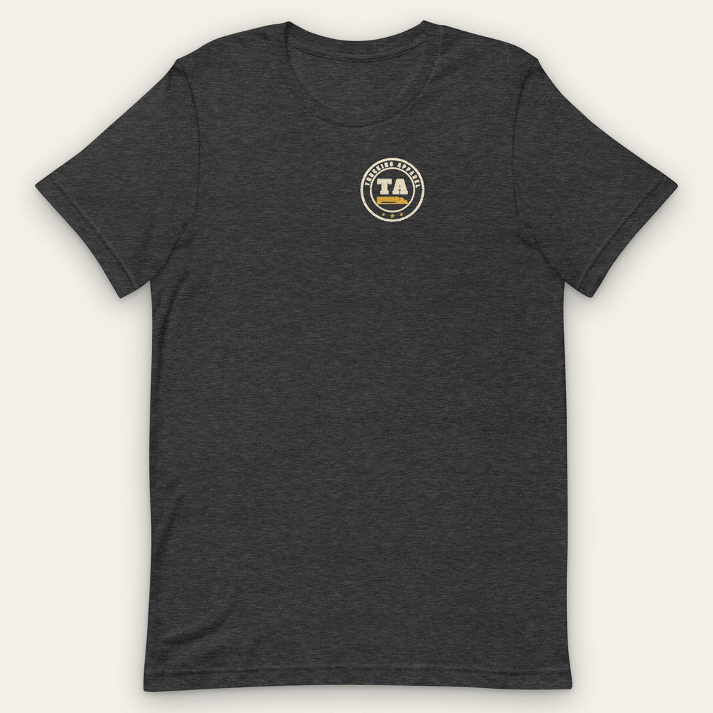 If You Mess With the Trucker Tee in dark grey heather, front view, with the round TA Trucking Apparel chest badge.