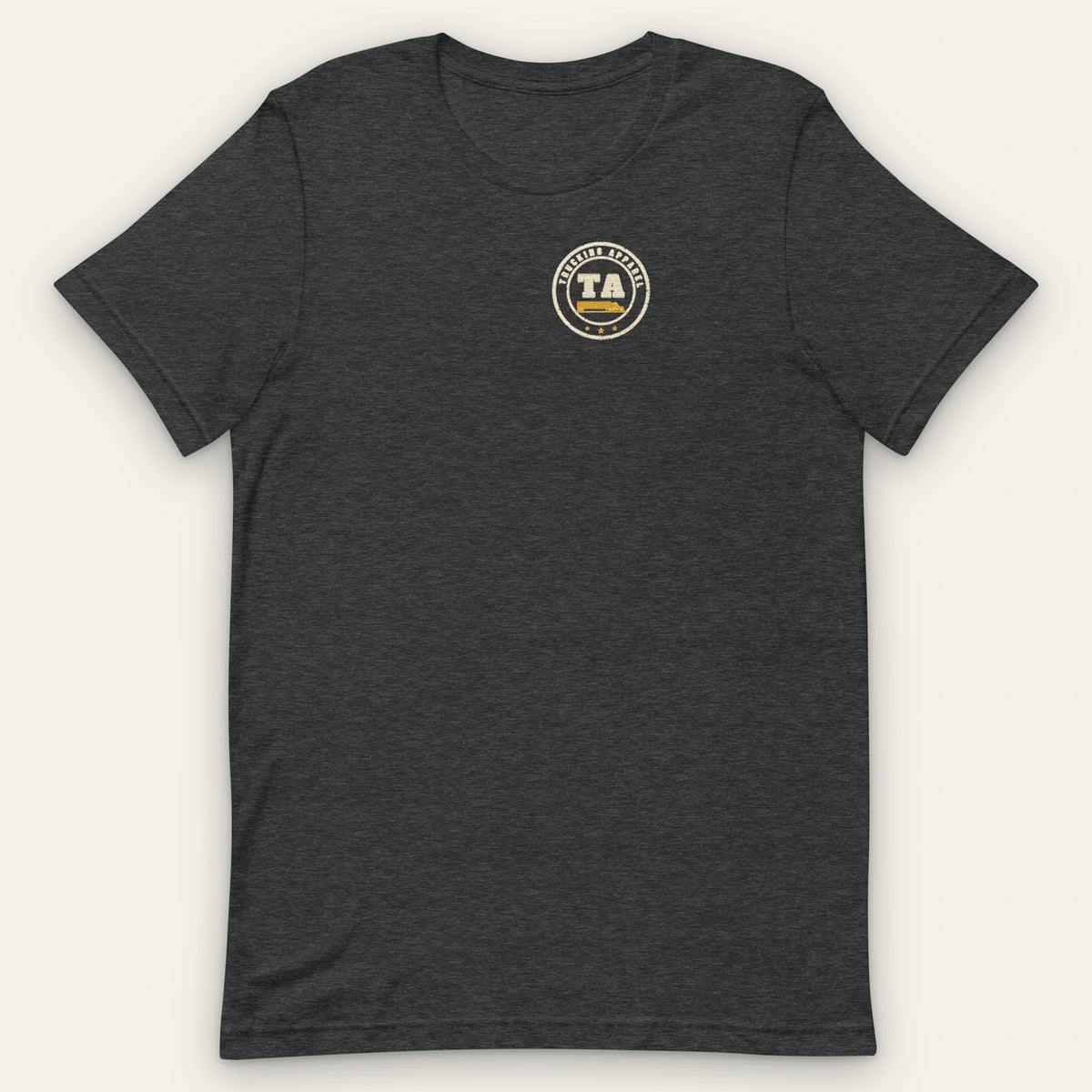 If You Mess With the Trucker Tee in dark grey heather, front view, with the round TA Trucking Apparel chest badge.