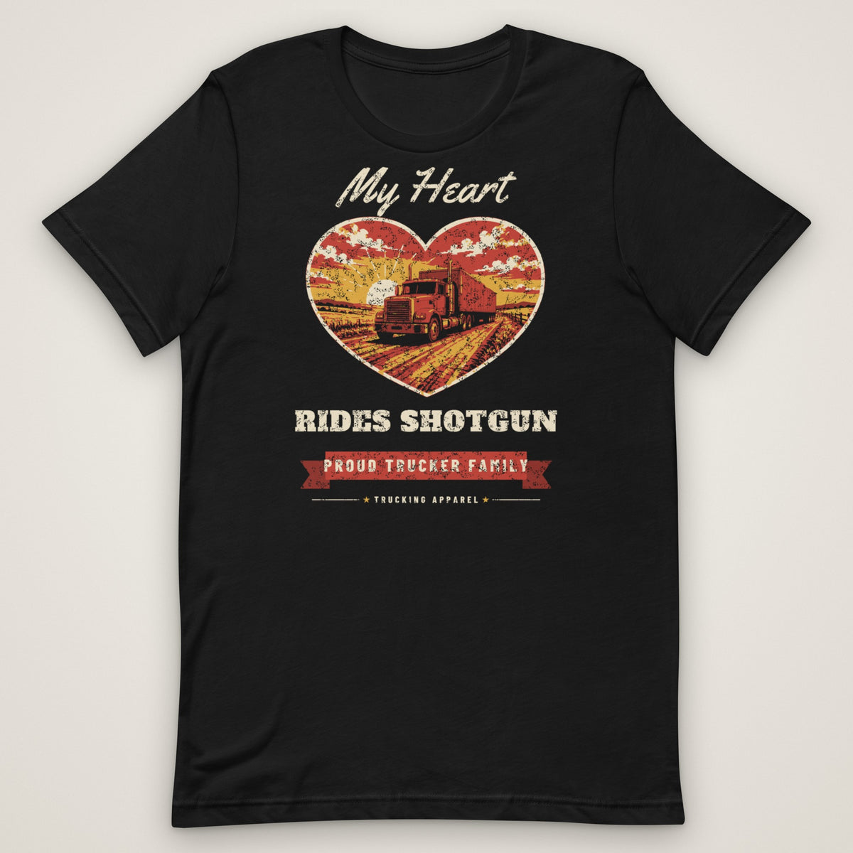 My Heart Rides Shotgun Trucker Family Tee in black, front view laid flat showing the full front print. Design made with AI assistance.