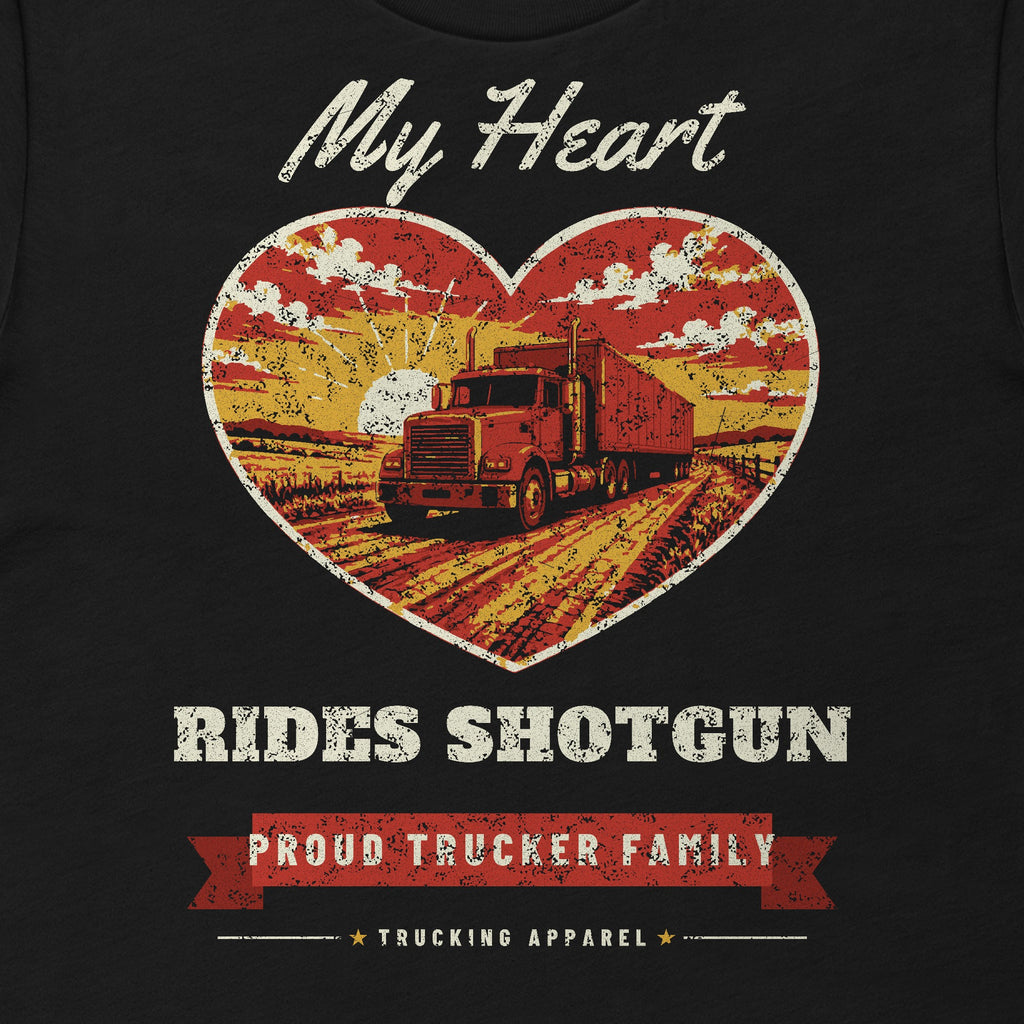 My Heart Rides Shotgun Trucker Family Tee in black, close-up of the front print. Design made with AI assistance.