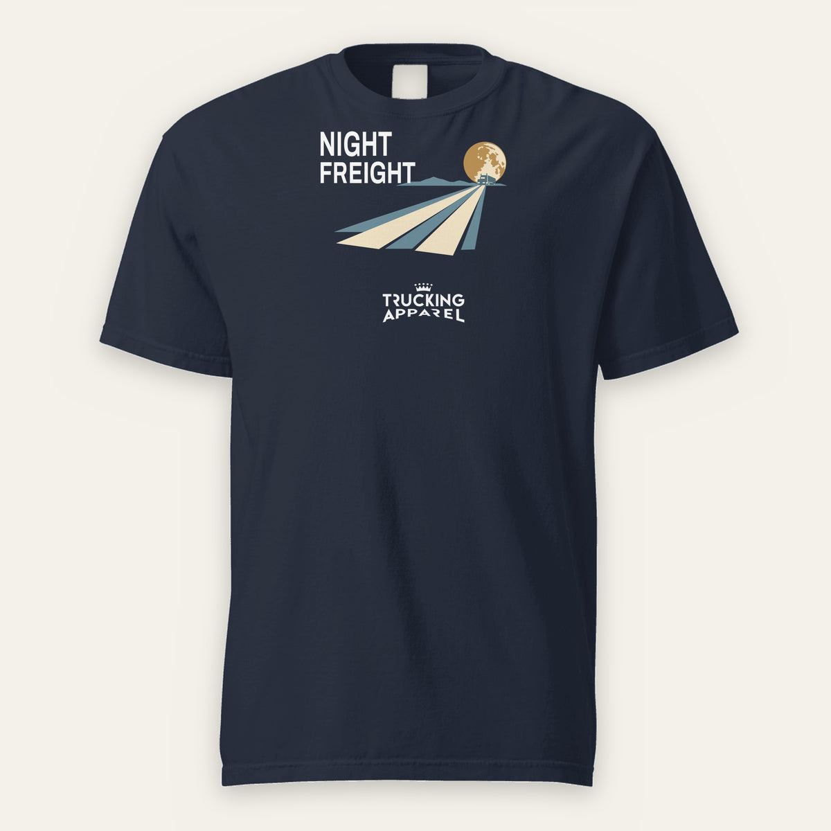 Night Freight Tee in True Navy, front: NIGHT FREIGHT moon-and-highway graphic with Trucking Apparel logo