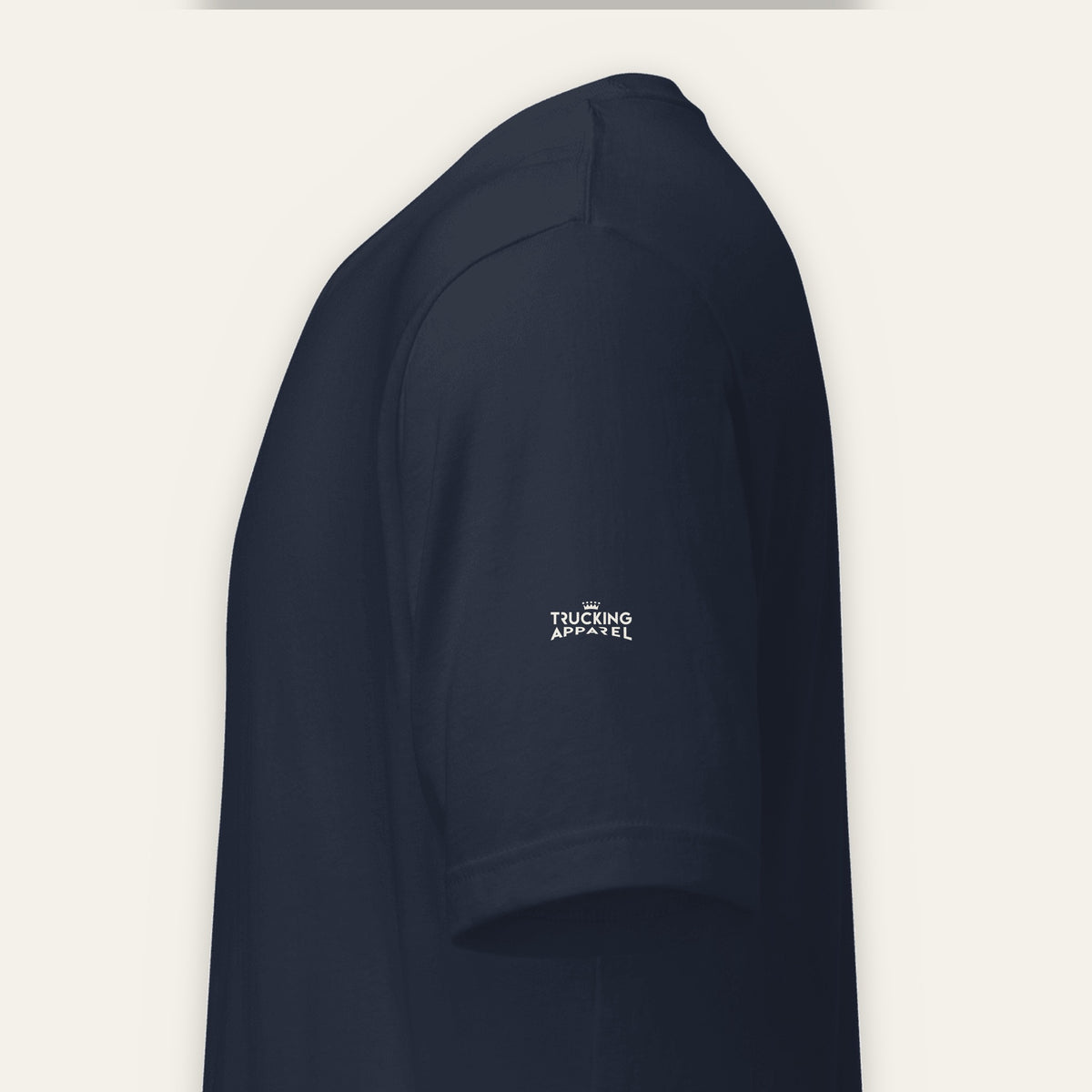 Night Freight Tee in True Navy, left sleeve with Trucking Apparel logo