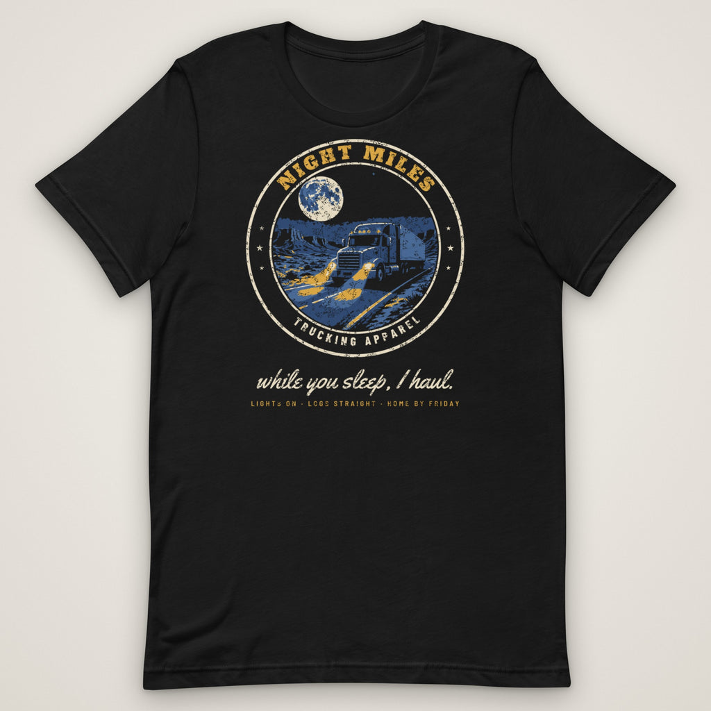 Night Miles Trucker Tee in black, front view laid flat showing the full front print. Design made with AI assistance.