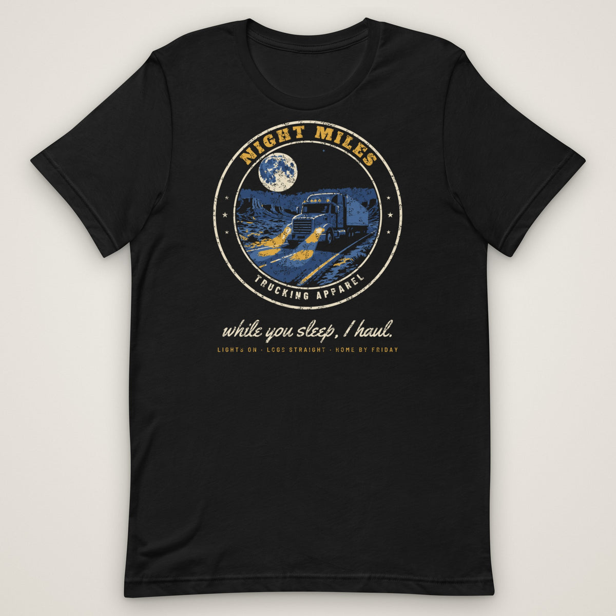Night Miles Trucker Tee in black, front view laid flat showing the full front print. Design made with AI assistance.