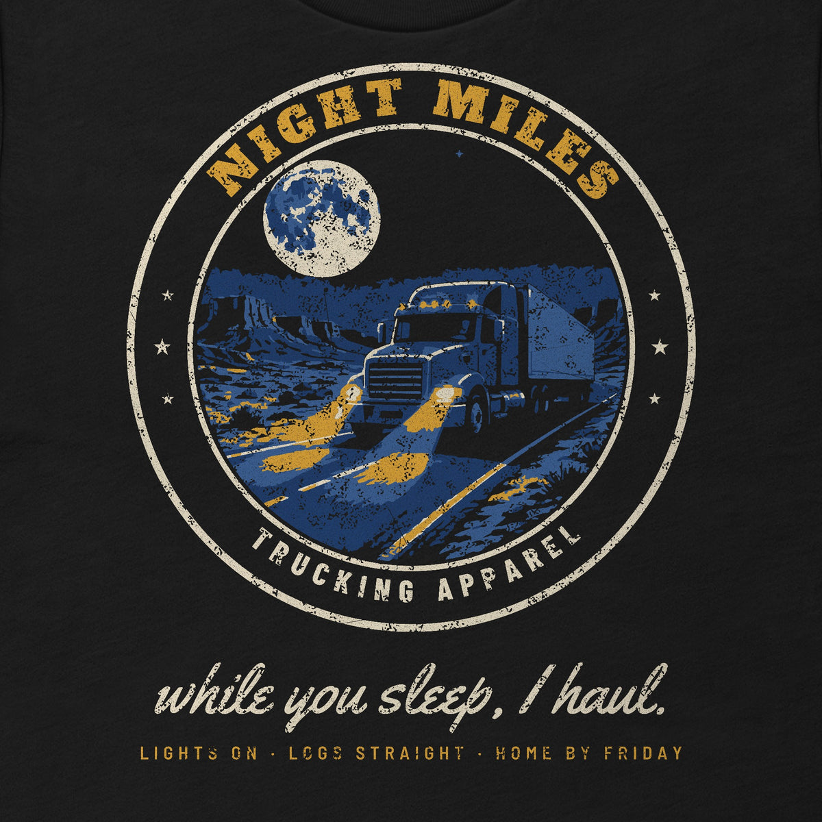 Night Miles Trucker Tee in black, close-up of the front print. Design made with AI assistance.