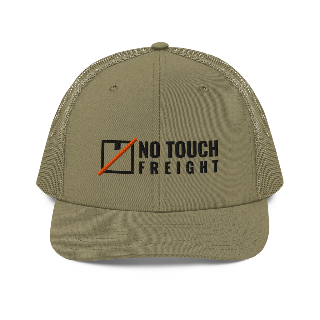 No Touch Freight Trucker Hat, loden green Richardson 112 mesh-back cap with NO TOUCH FREIGHT in black embroidery with an orange slashed box, front view