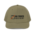 No Touch Freight Trucker Hat, loden green Richardson 112 mesh-back cap with NO TOUCH FREIGHT in black embroidery with an orange slashed box, front view