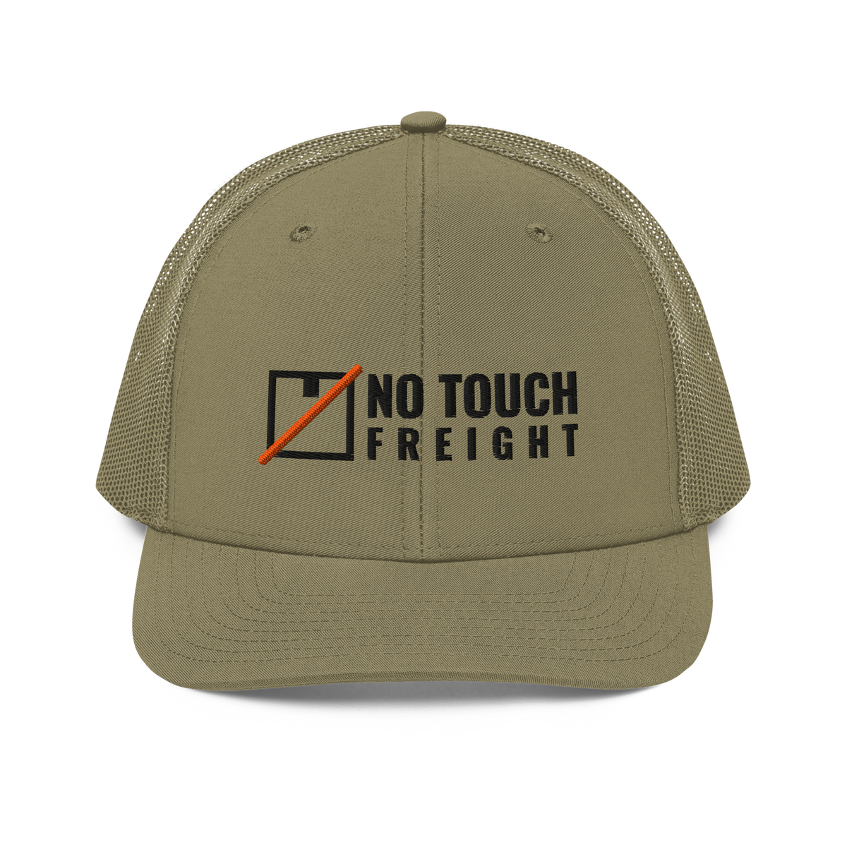 No Touch Freight Trucker Hat, loden green Richardson 112 mesh-back cap with NO TOUCH FREIGHT in black embroidery with an orange slashed box, front view