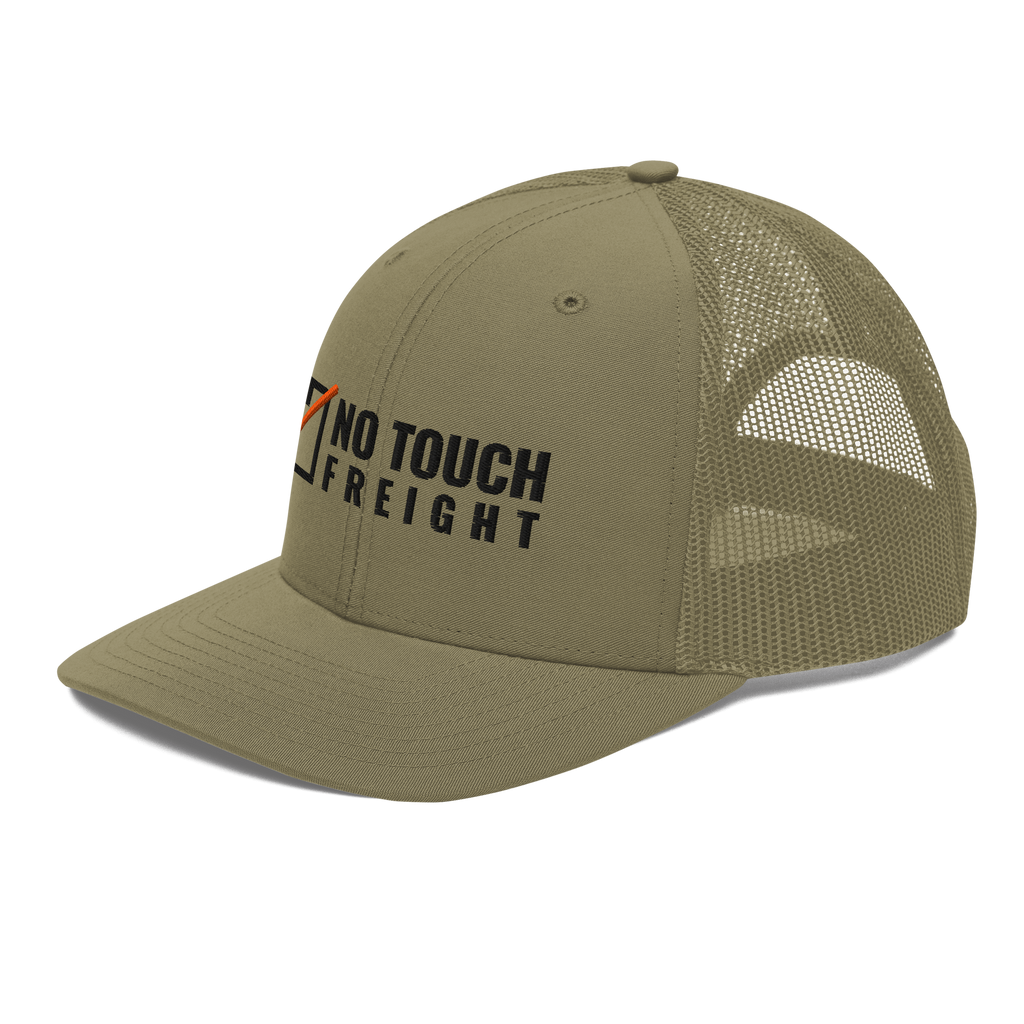No Touch Freight Trucker Hat, loden green Richardson 112 mesh-back cap with NO TOUCH FREIGHT in black embroidery with an orange slashed box, left front angle