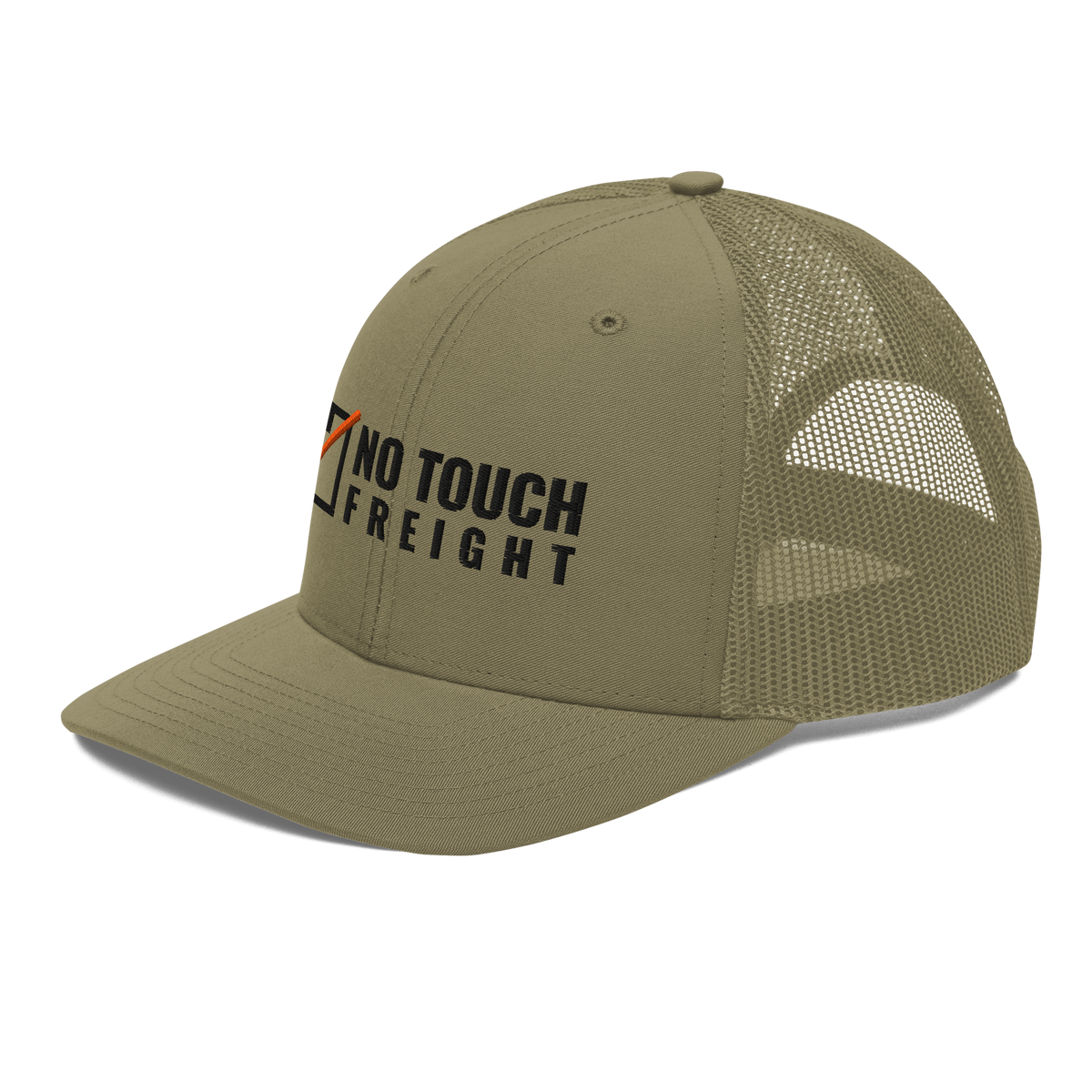 No Touch Freight Trucker Hat, loden green Richardson 112 mesh-back cap with NO TOUCH FREIGHT in black embroidery with an orange slashed box, left front angle