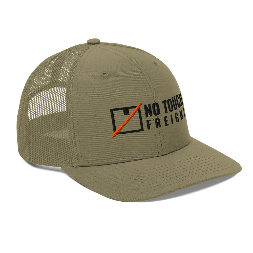 No Touch Freight Trucker Hat, loden green Richardson 112 mesh-back cap with NO TOUCH FREIGHT in black embroidery with an orange slashed box, right front angle