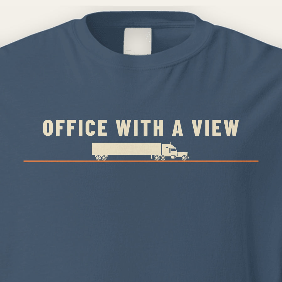 Close-up of the OFFICE WITH A VIEW chest print on the midnight Office With A View Tee.