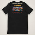 Finding Parking After 9 PM Is an Extreme Sport Trucker Tee in black, back view laid flat showing the full back print. Design made with AI assistance.