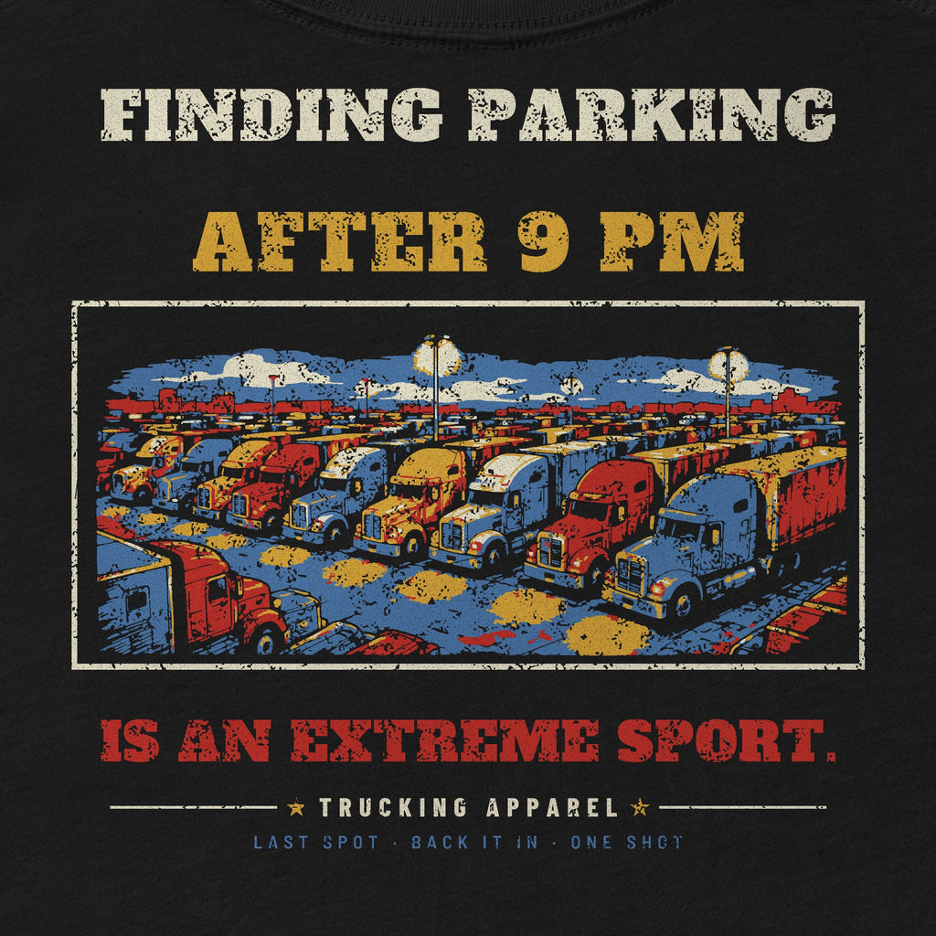 Finding Parking After 9 PM Is an Extreme Sport Trucker Tee in black, close-up of the back print. Design made with AI assistance.