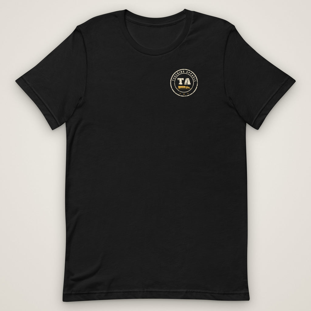 Finding Parking After 9 PM Is an Extreme Sport Trucker Tee in black, front view laid flat with the small Trucking Apparel badge on the left chest. Design made with AI assistance.