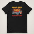 Roller Grill Connoisseur Truck Stop Tee in black, front view laid flat showing the ROLLER GRILL CONNOISSEUR print with a hot dog roller grill and fountain drink. Design made with AI assistance.