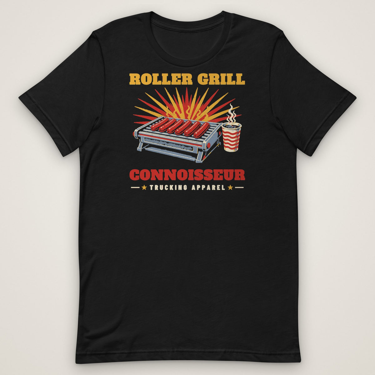 Roller Grill Connoisseur Truck Stop Tee in black, front view laid flat showing the ROLLER GRILL CONNOISSEUR print with a hot dog roller grill and fountain drink. Design made with AI assistance.