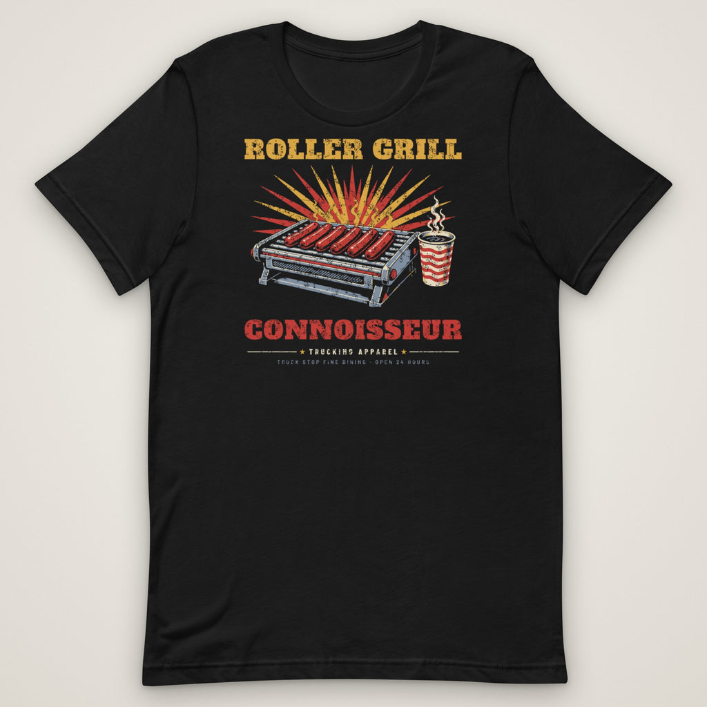 Roller Grill Connoisseur Truck Stop Tee in black, front view laid flat showing the full front print. Design made with AI assistance.