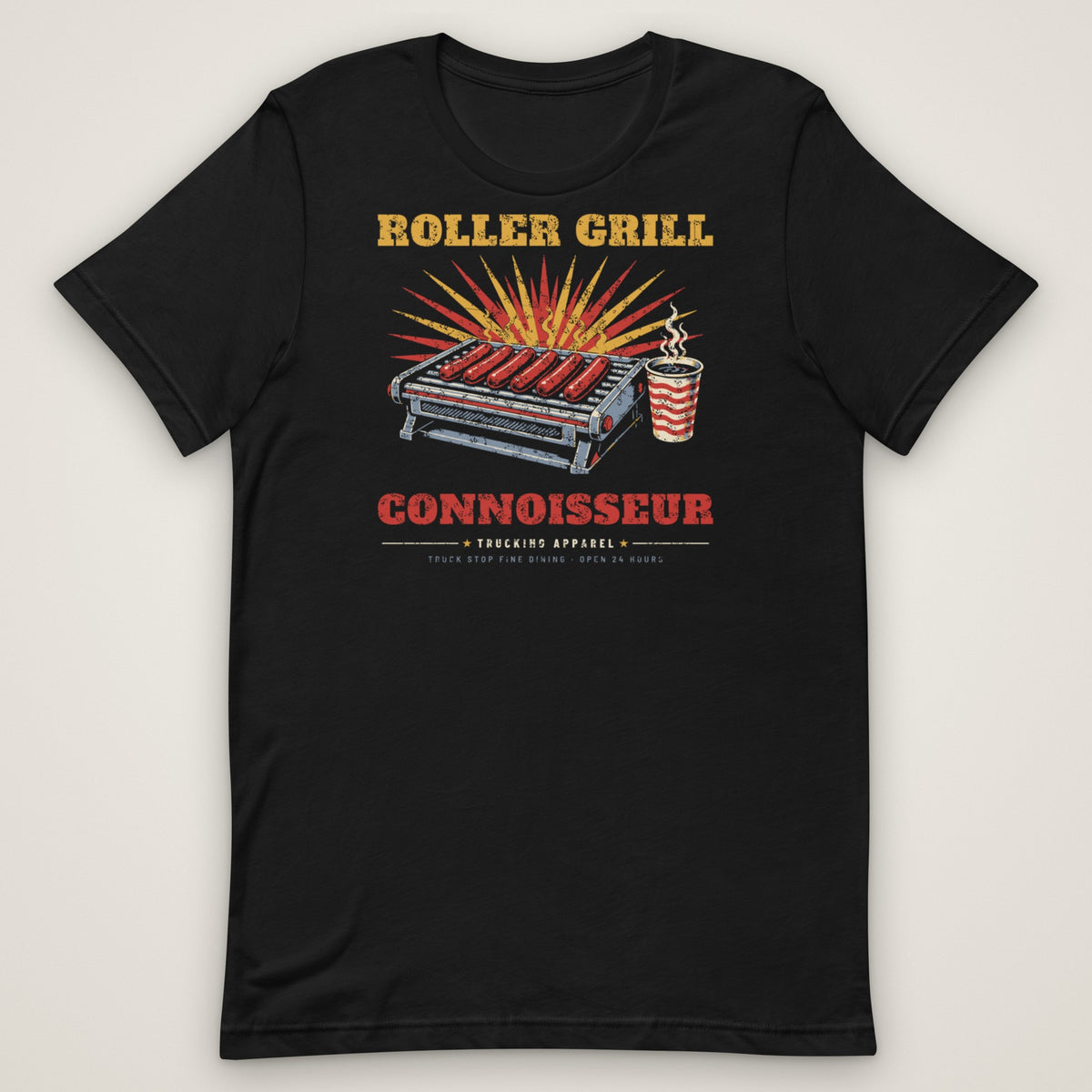 Roller Grill Connoisseur Truck Stop Tee in black, front view laid flat showing the full front print. Design made with AI assistance.