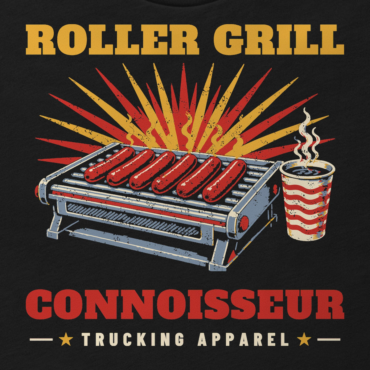 Roller Grill Connoisseur Truck Stop Tee in black, close-up of the front print: ROLLER GRILL CONNOISSEUR print with a hot dog roller grill and fountain drink. Design made with AI assistance.