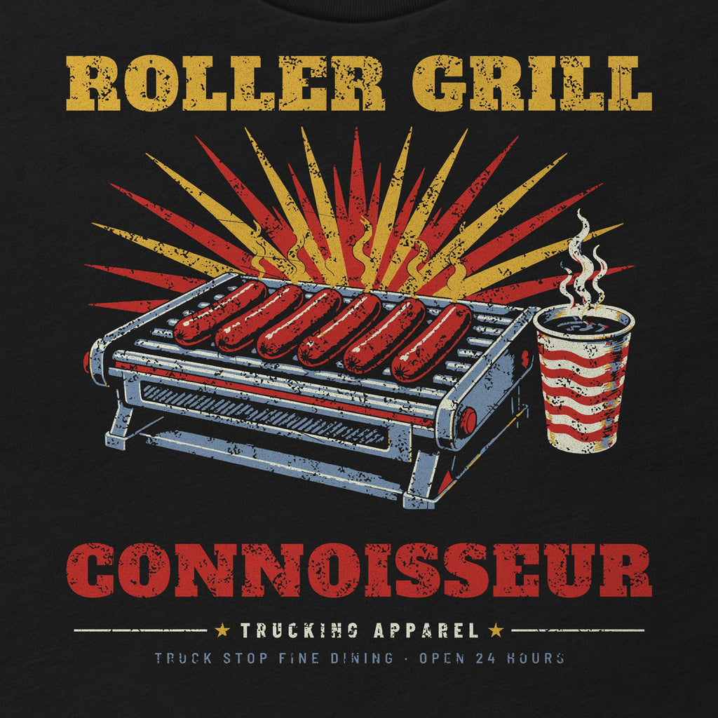 Roller Grill Connoisseur Truck Stop Tee in black, close-up of the front print. Design made with AI assistance.