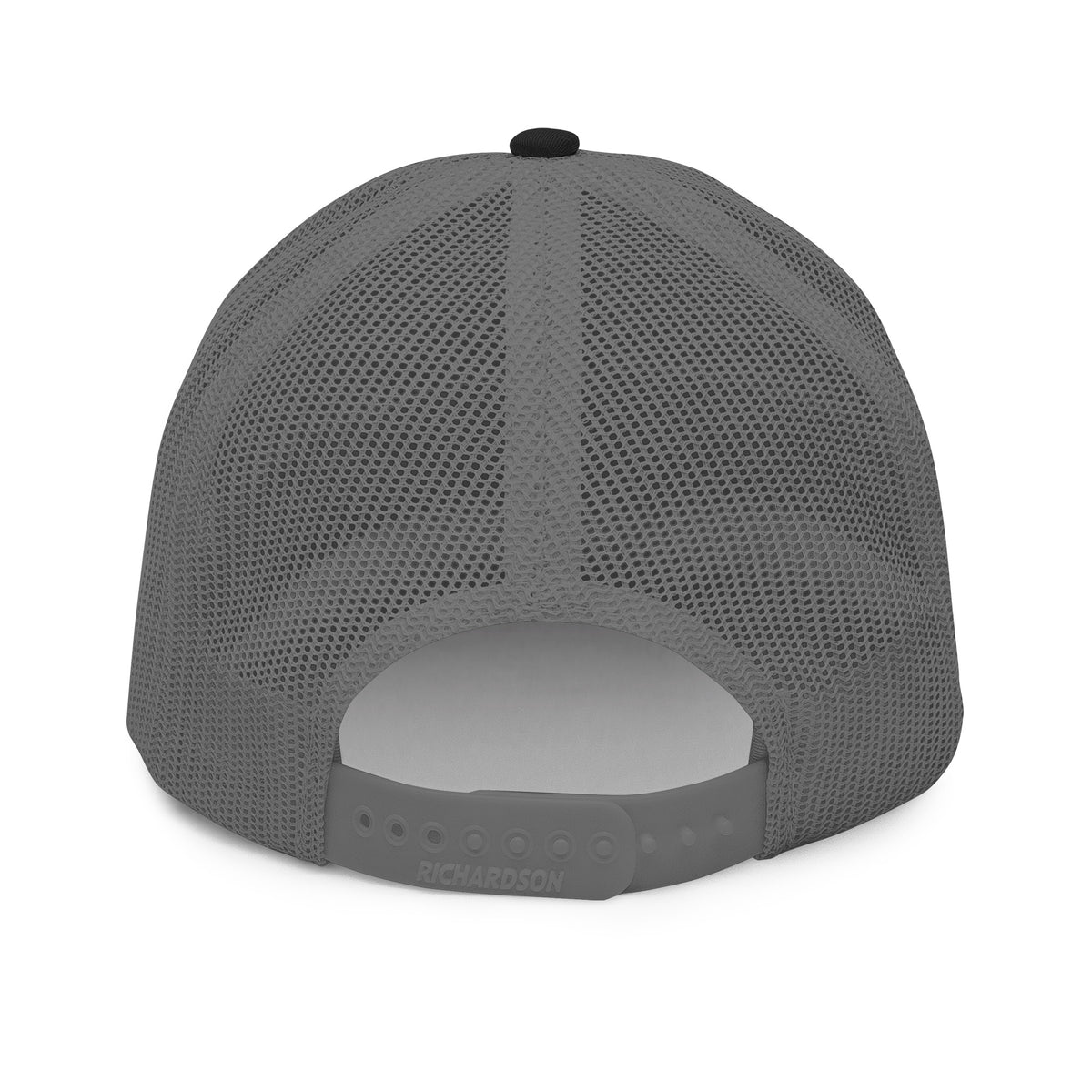 Relay Crown Trucker Hat in Black / Charcoal, back supplier mockup showing mesh panels and adjustable snapback