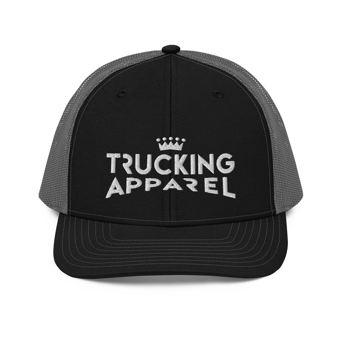 Relay Crown Trucker Hat in Black / Charcoal, front supplier mockup with white embroidered Trucking Apparel crown logo