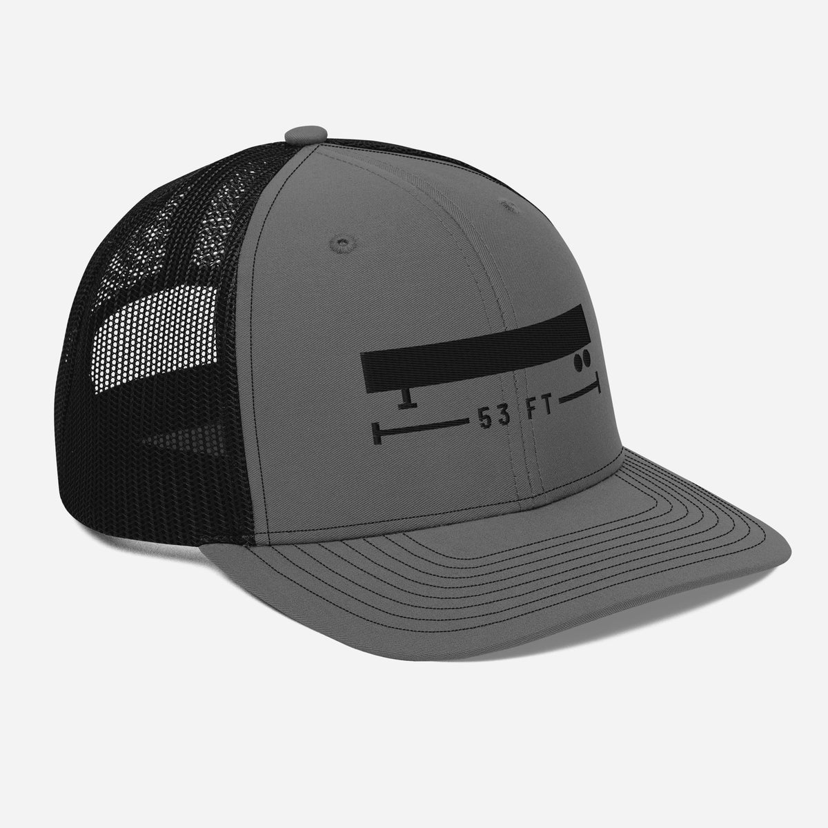 53 FT Trucker in charcoal black, right front angle.