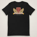 Still Rowing Gears 10-Speed Trucker Tee in black, front view laid flat showing the full front print. Design made with AI assistance.
