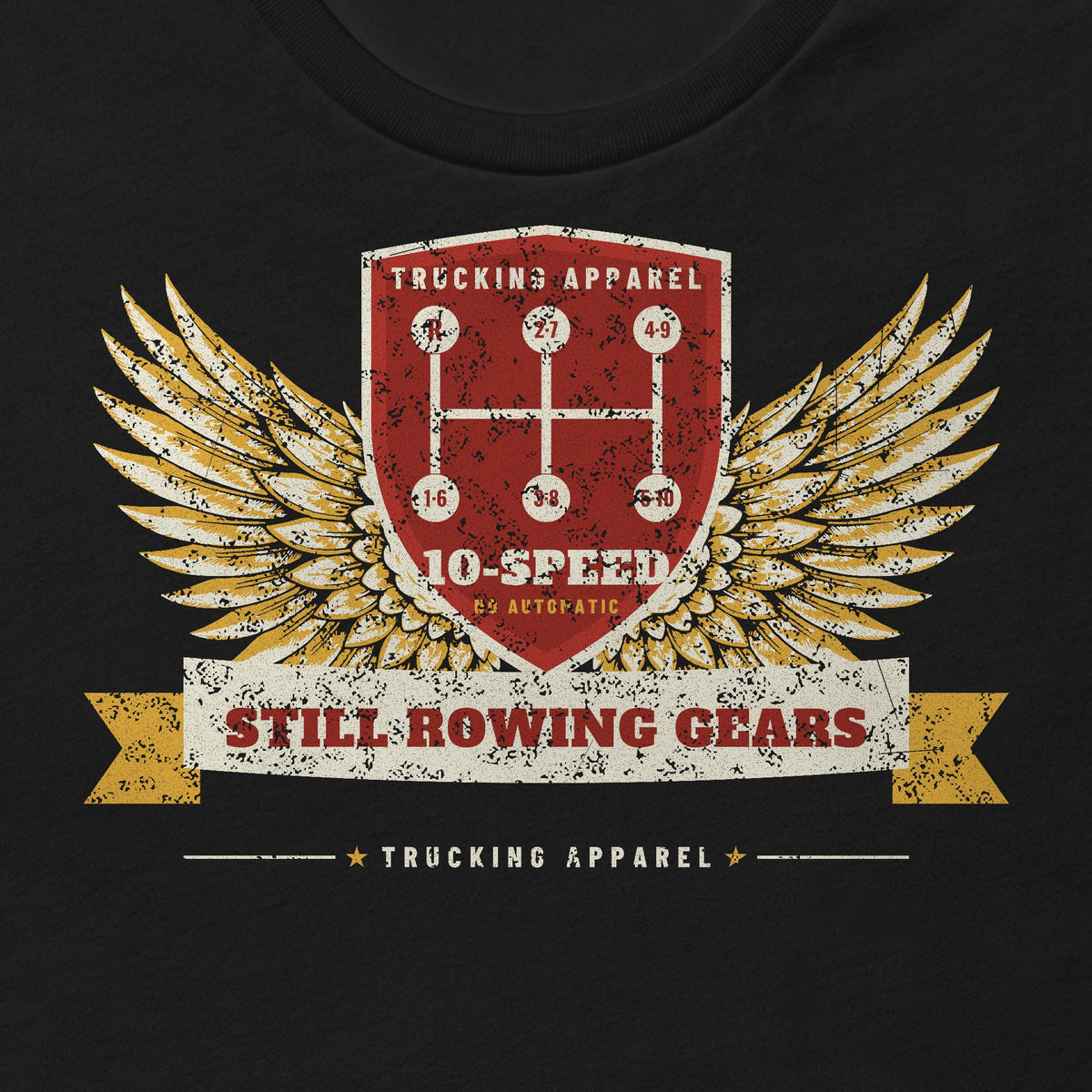 Still Rowing Gears 10-Speed Trucker Tee in black, close-up of the front print. Design made with AI assistance.
