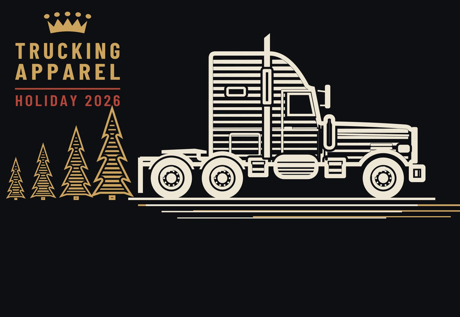 Engraved illustration of a long-nose sleeper tractor beside evergreen trees, Trucking Apparel Holiday 2026