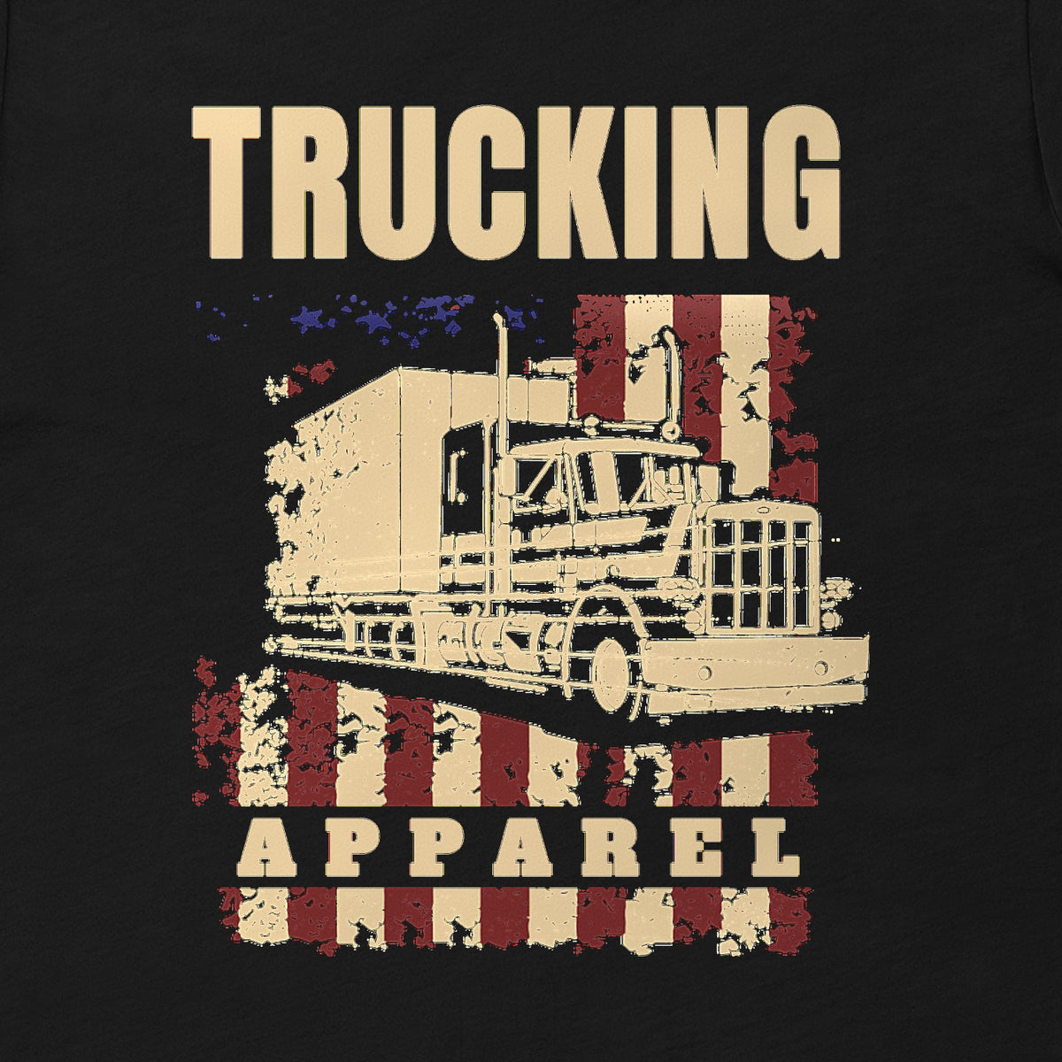 Stars & Stripes Big Rig Tee, close-up of a tall TRUCKING headline over a big rig on stars and stripes, with APPAREL on a band across the flag.