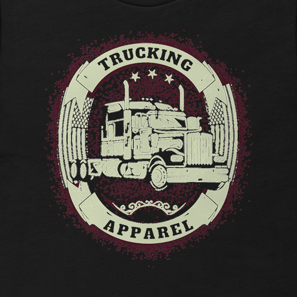 Big Rig Emblem Trucker Tee, close-up of a cream oval emblem with a big rig, crossed flags and three stars, with TRUCKING and APPAREL on solid bands.