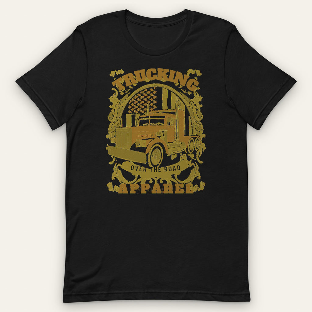 Over the Road Vintage Rig Tee, front view laid flat showing a gold vintage long-nose rig under a stars-and-stripes arch, with TRUCKING across the top, an OVER THE ROAD ribbon and APPAREL below.