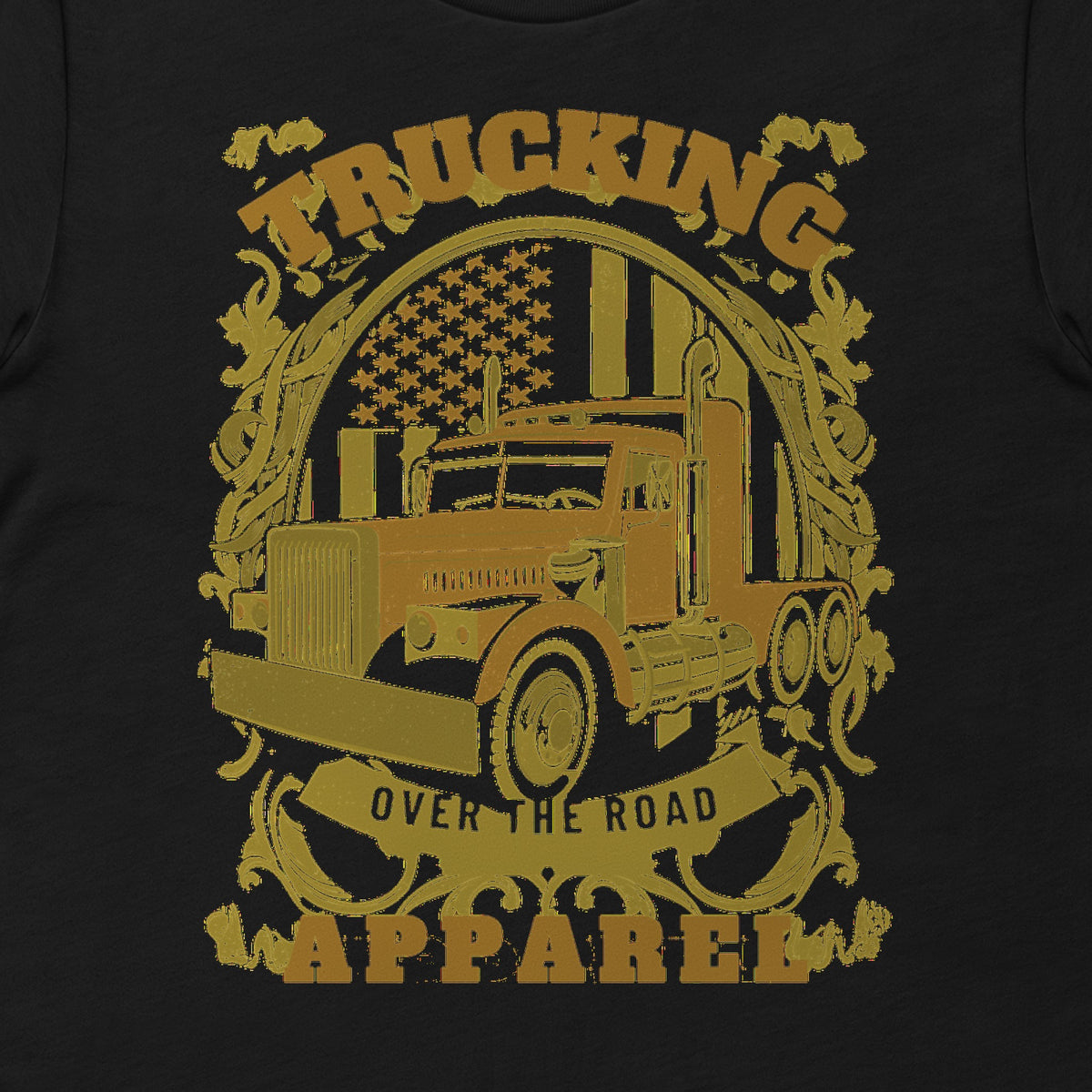 Over the Road Vintage Rig Tee, close-up of a gold vintage long-nose rig under a stars-and-stripes arch, with TRUCKING across the top, an OVER THE ROAD ribbon and APPAREL below.
