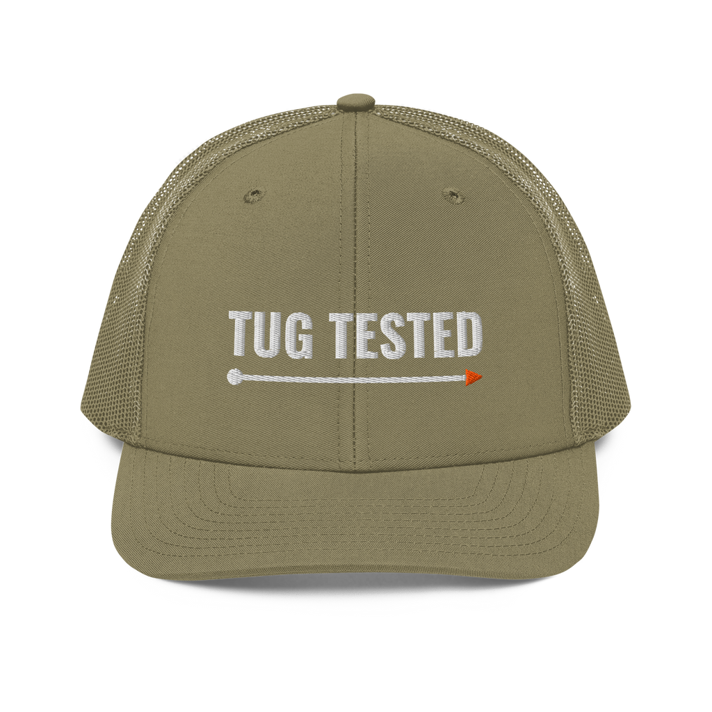 Tug Tested Trucker Hat, loden green Richardson 112 mesh-back cap with TUG TESTED in white embroidery over an orange-tipped line, front view