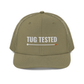 Tug Tested Trucker Hat, loden green Richardson 112 mesh-back cap with TUG TESTED in white embroidery over an orange-tipped line, front view