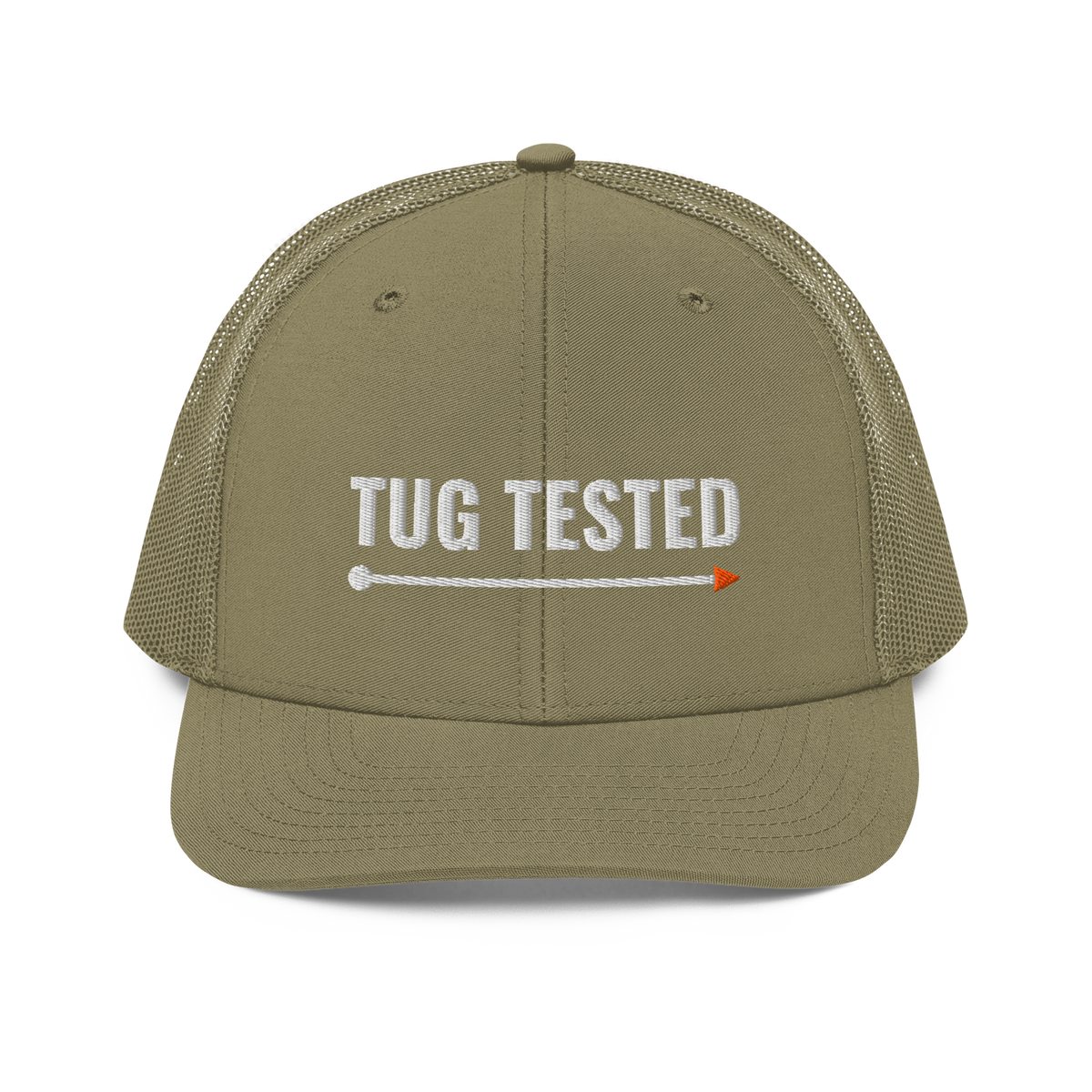 Tug Tested Trucker Hat, loden green Richardson 112 mesh-back cap with TUG TESTED in white embroidery over an orange-tipped line, front view